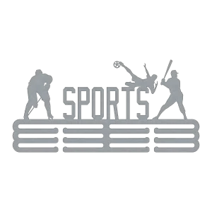 Laser-cut metal wall art featuring silhouettes of a hockey player, a soccer player executing a bicycle kick, and a baseball player. The word 'SPORTS' is prominently displayed in bold lettering above a base of horizontal lines.